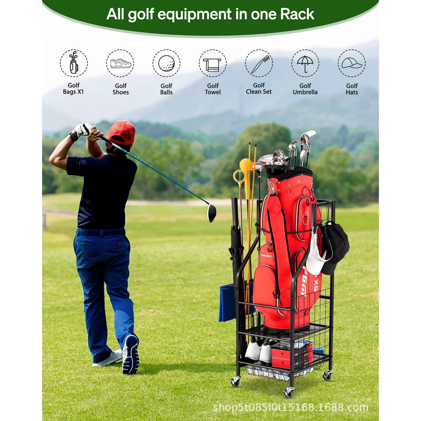 Enroslu Golf Bags Storage Garage Organizer, Golf Bag Storage Rack with Wheels for Garage, Golf Bag Stand for Golf Bags, Clubs, Balls, Golf Equipment Accessories