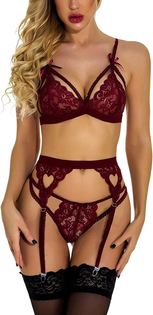 Women Lingerie Sets with Garter Belt 3 Piece Lace Teddy Babydoll Bodysuit