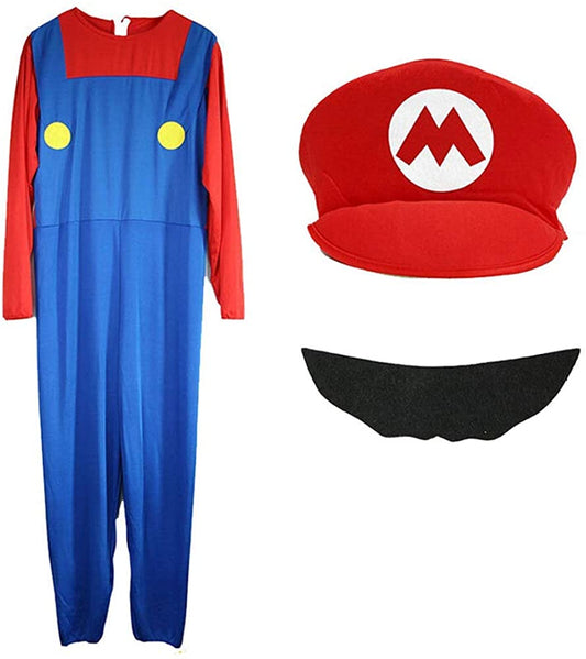 Super Mario Costume Aldult/Kids, Halloween Costumes Cosplay Costume for Kids Available in Sizes S, M,L and XL,Include Jumpsuit, Hat, and Moustache