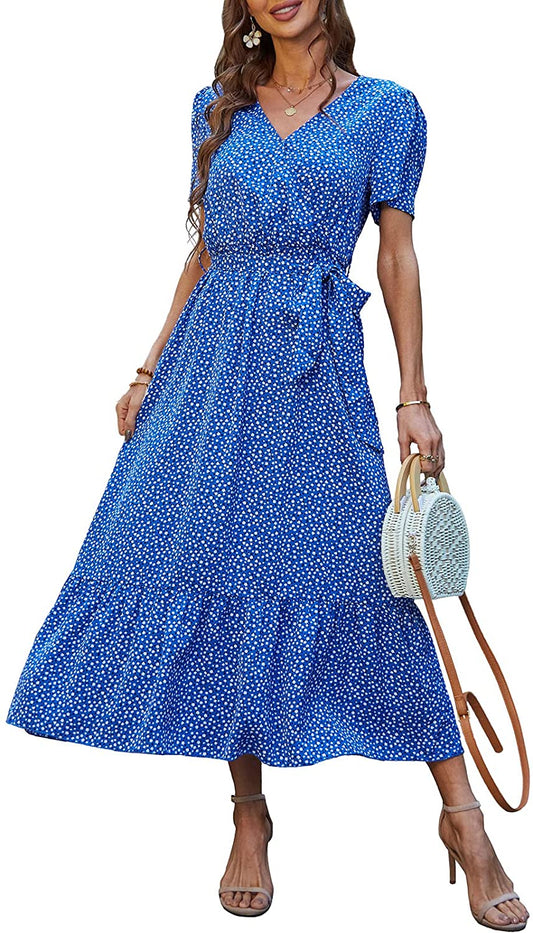 Women's Floral Summer Dress Wrap V Neck Short Sleeve Belted Ruffle Hem A-Line Bohemian Maxi Dresses