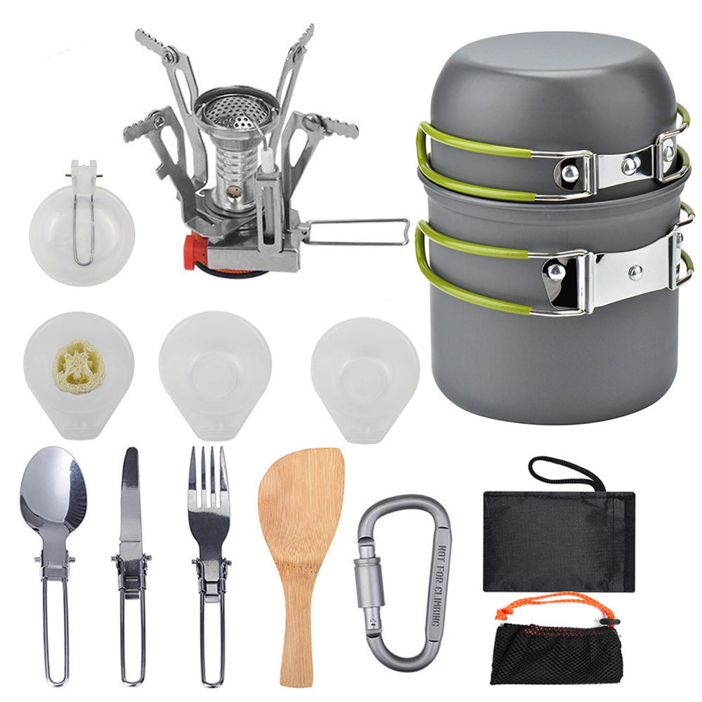 16 Pces Camping Cookware Stove Mess Kit, Cooking Pot Pan Bowl, Mini Stove, Stainless Steel Cup, Knife Fork Spoon Set for Backpacking, Camping Hiking and Picnic