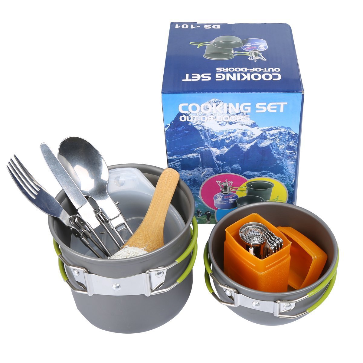 16 Pces Camping Cookware Stove Mess Kit, Cooking Pot Pan Bowl, Mini Stove, Stainless Steel Cup, Knife Fork Spoon Set for Backpacking, Camping Hiking and Picnic
